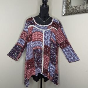 Urban Mango Patchwork Red Blue Top 1X